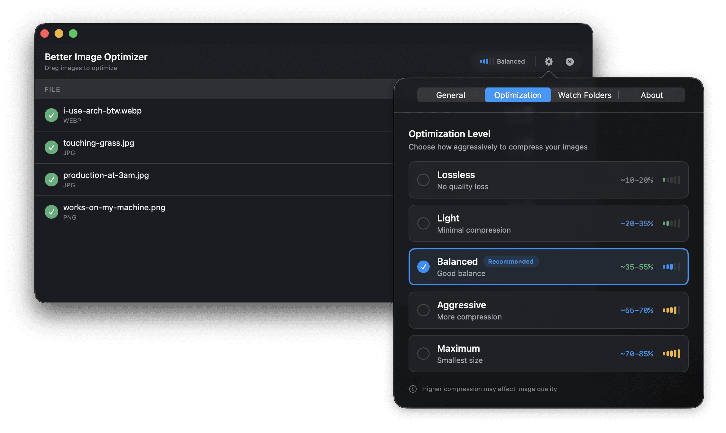 Better Image Optimizer app showing optimized images with savings percentages